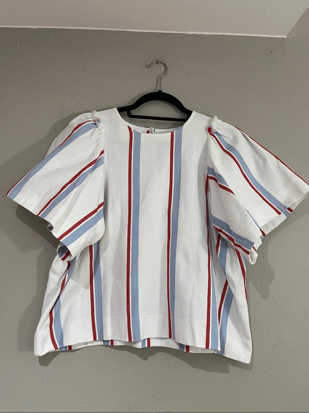 MARIE OLIVER 100% Cotton Boxy Raw Hem Shoulder Striped Blouse, Size XS